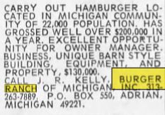 Burger Ranch - Jan 1972 Ad For Adrian Store